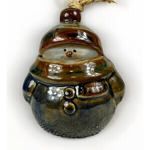 Stoneware Chubby Snowman Pottery Glazed Christmas Figurine/Ornament Blue Brown